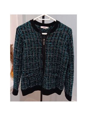Alia Medium Womens Zip Up Sweater Slight Sparkle Green And Black Pattern - Cute!